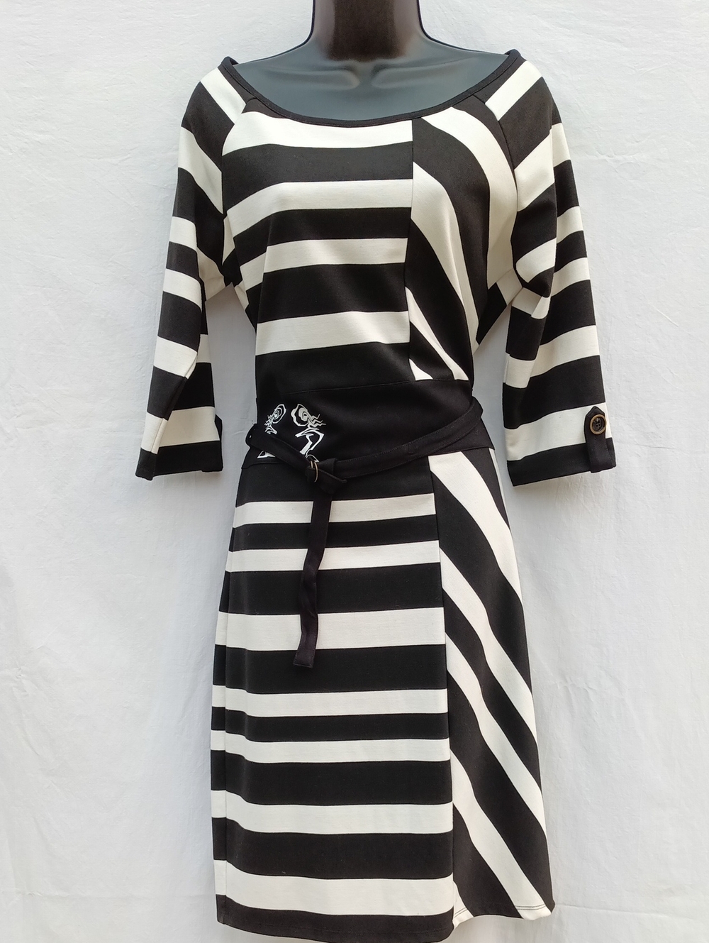 Black & White Striped Midi Dress with Waist Tie